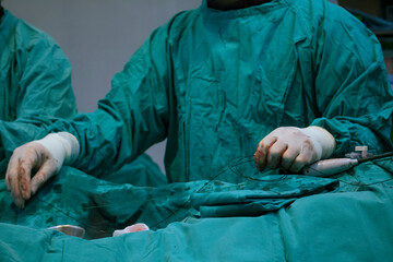 Interventional cardiologist surgeons do thoracic endovascular aortic repair using wire catheter...