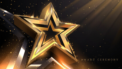 Luxury award ceremony background with 3d gold star and spotlight effects and bokeh decorations.