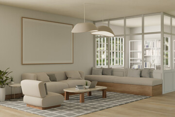 Interior design of a modern white living room or office lounge with a private office room.