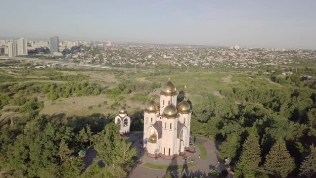 Circling above All Saints Church and the Mamayev Kurgan in Volgograd, Russia.
