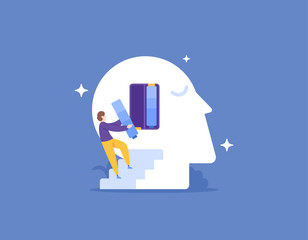 recharge energy. A man changes or installs a battery to a head. rest and relax to gain positive energy and clear the mind. thoughts and mental health. Flat and Minimalist Illustration Design Concept