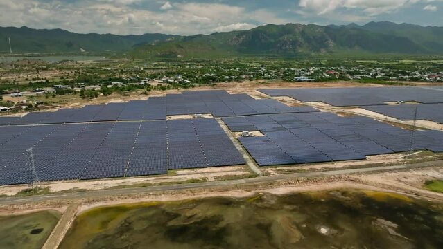 Drone view of the solar power farm in Vinh Hao district, Binh Thuan province, central Vietnam