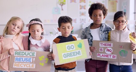 Poster, recycle and campaign with a children in a classroom to support sustainability on earth day. Portrait, education and kids in class for climate change awareness or going green initiative