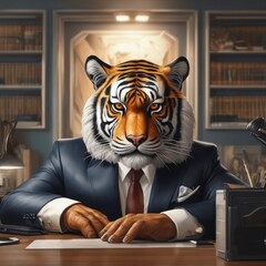 Tiger with corporate working Generative AI , Tiger Generative AI , Tiger Working in Office Generative AI 
