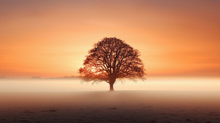 Lone Tree Standing in a Foggy Field, Symbolizing Nature's Resilience and the Tranquil Beauty of a New Day Unfolding