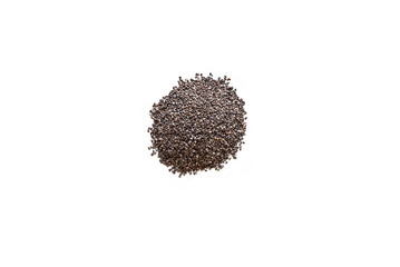 Closeup of organic dry chia seeds isolated on a white background from above, top view
