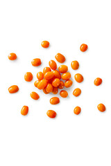 Closeup of fresh juicy organic orange cherry tomatoes from the garden isolated on a white background from above, top view