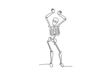 A skeleton poses raising its hands. Human skeleton one-line drawing