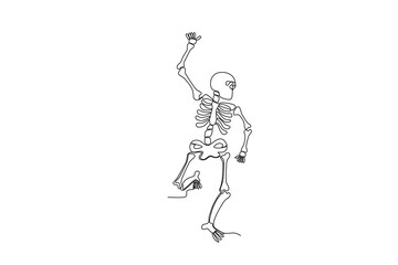 Fototapeta na wymiar A human skeleton raises its hand while looking sideways. Human skeleton one-line drawing