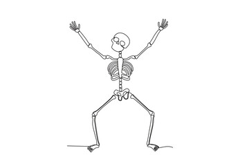 A happy human skeleton raised both hands. Human skeleton one-line drawing