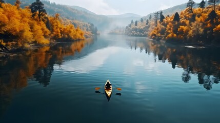 Person rowing on a calm lake in autumn, aerial view only small boat visible with serene water...