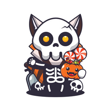 Cute red panda with skeleton costume holding halloween pumpkin. 