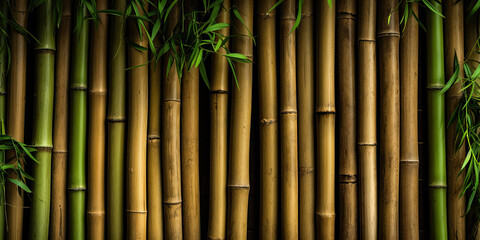 Green and brown bamboo trunks with leaves