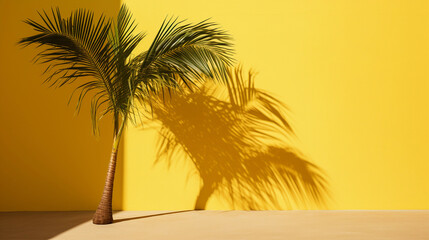 Fototapeta premium A Tranquil Scene with Palm Tree Shadows on a Radiant Yellow Background, Capturing the Essence of Tropical Bliss and Serene Sunshine Serenity
