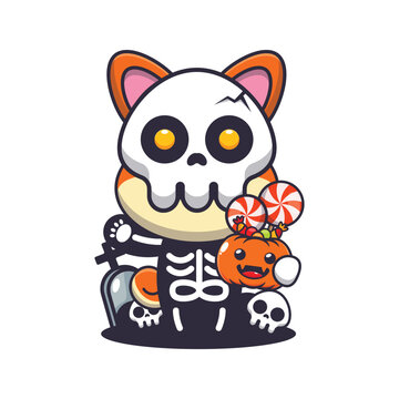 Cute shiba inu with skeleton costume holding halloween pumpkin. 