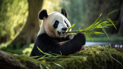 A Panda Bear Holding a Bamboo Stick in Its Paws and Enjoying a Savory Meal, Illustrating the Culinary Harmony of Nature's Bamboo-Gourmet Marvel