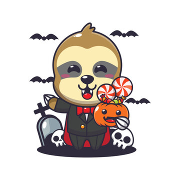 Vampire sloth holding halloween pumpkin cartoon illustration.