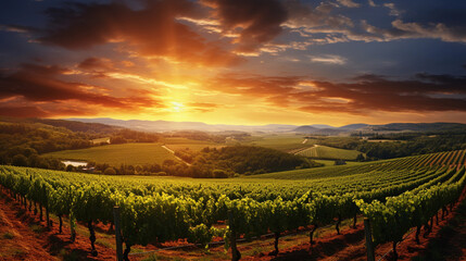 A Verdant Vineyard Bathed in the Warmth of the Setting Sun, Painting the Landscape in Shades of Green