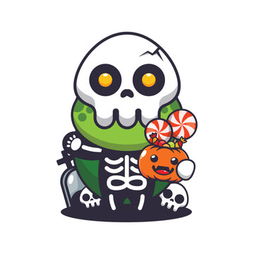 Cute turtle with skeleton costume holding halloween pumpkin. 