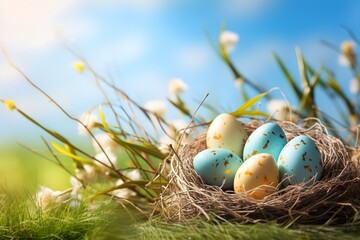 Fototapeta na wymiar Festive Easter Nest in a Sunny Grass Meadow During Spring – AI Generated