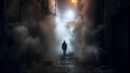 Lone Figure Standing in a Dimly Lit Narrow Alleyway, Enshrouded by a Veil of Intriguing Smoky Shadows
