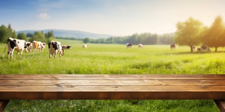 Generative AI : Empty wood table top on nature and blurred rural background of cows on green field. can montage or display your products.