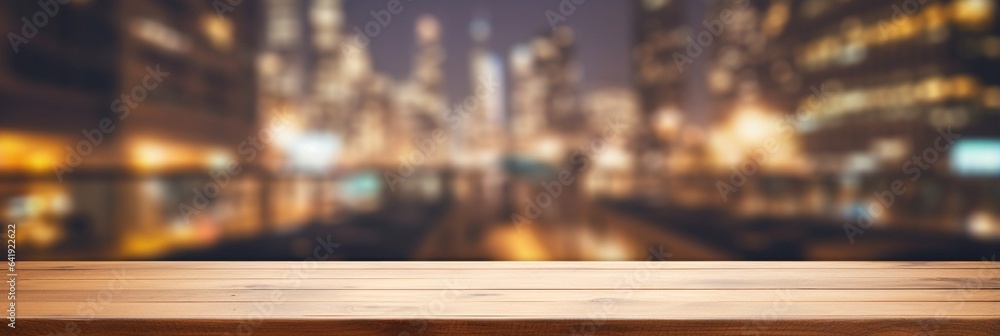 Aufkleber Generative AI : background Image of wooden table in front of abstract blurred restaurant lights