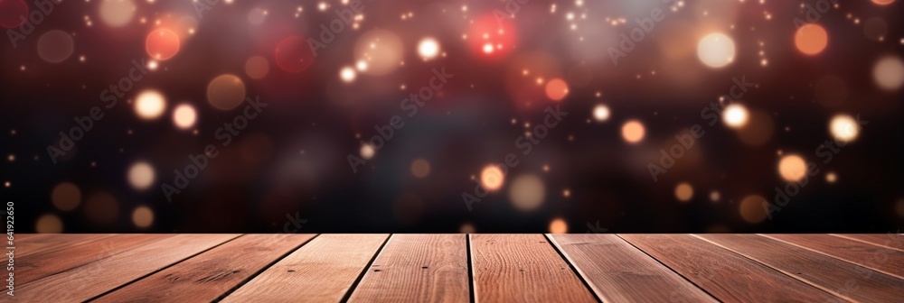 Poster generative ai : background image of wooden table in front of abstract blurred restaurant lights