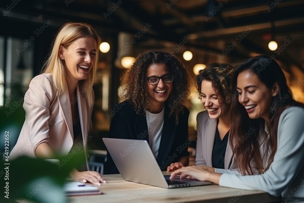 Poster generative ai : joy of teamwork. female coworkers using laptop,