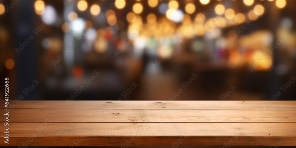 Aufkleber Generative AI : background Image of wooden table in front of abstract blurred restaurant lights