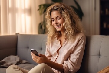 Obraz premium Generative AI : Young beautiful African American woman sitting on sofa at home, woman with curly hair holding phone in hands