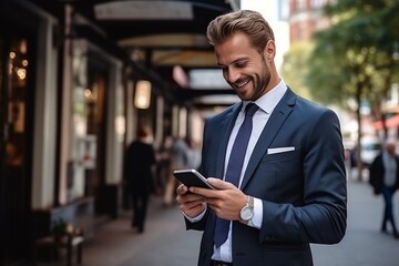 Generative AI : A young man businessman walks down the street in a suit and reads messages, news on the phone. He looks at the screen with a smile, calls, chats.