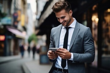 Generative AI : A young man businessman walks down the street in a suit and reads messages, news on the phone. He looks at the screen with a smile, calls, chats.