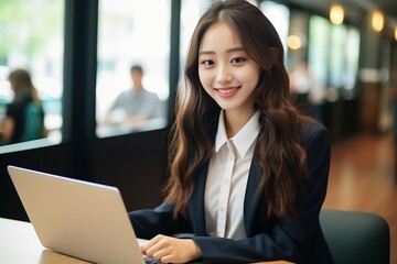 Generative AI : Close-up photo. Portrait of a young woman student wearing a suit studying online. He looks at the camera with a smile.