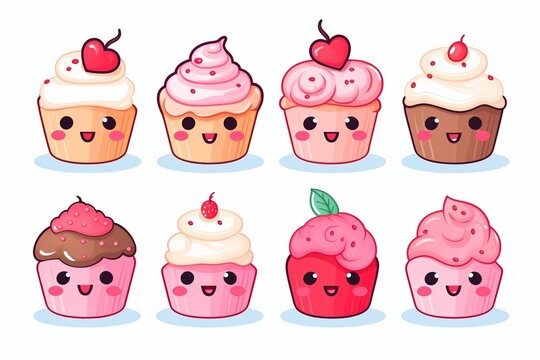Generative AI : Set of cute sweet icons in kawaii style with smiling face and pink cheeks for sweet design.