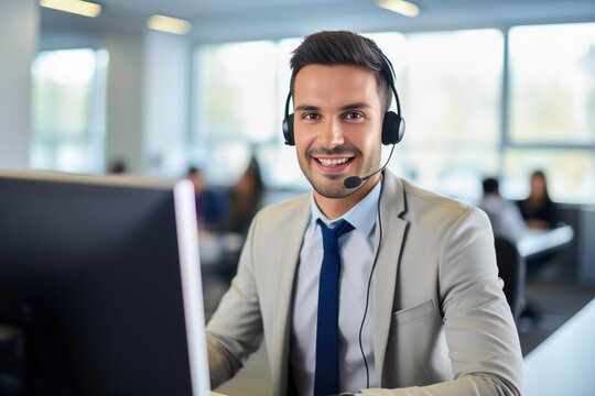 Generative AI : Portrait of the face of a young businessman working in the office wearing a headset. Smiling and self-confident looking at the camera. - Powered by Adobe