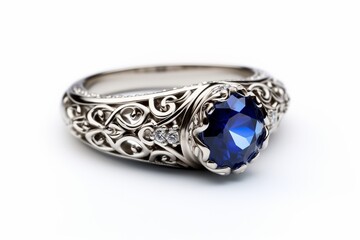 Generative AI : Blue Sapphire Silver Ring For Women's Wedding, Engagement. Blue Gemstone Jewelry. Seamless White Background