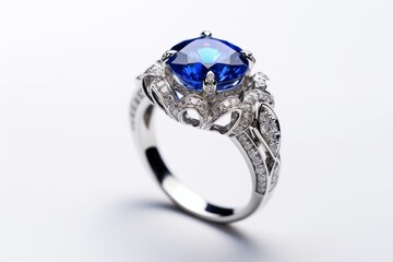 Generative AI : Blue Sapphire Silver Ring For Women's Wedding, Engagement. Blue Gemstone Jewelry. Seamless White Background