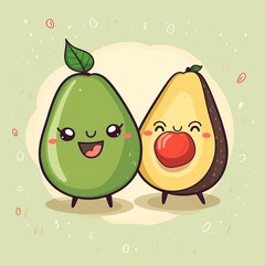 Generative AI : Cute cartoon avocado couple holding hands, Valentine's day greeting card. Avocado love with hearts vector illustration.