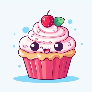 Generative AI : Set of cute sweet icons in kawaii style with smiling face and pink cheeks for sweet design.