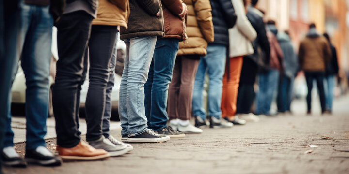 Group of people standing in a line on the street. Generative AI