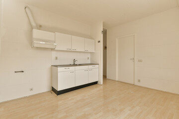 an empty kitchen with wood floors and white cabinets on the wall behind it is a stove, sink and dishwasher