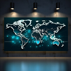 A flat world map in 16x9 banner form, digital and technology look,  showing targets and points of interest across the globe. Map hanged on t he wall. 