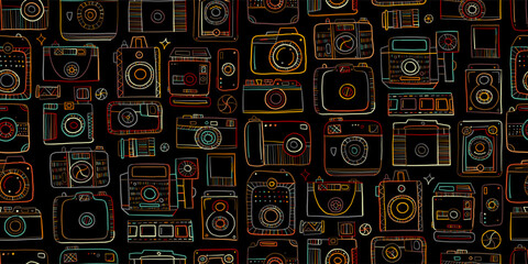 Old fashioned vintage photocamera. Retro and new collection for your design. Seamless pattern background. Vector illustration - 641924299