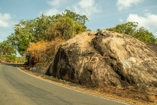 Rock paintings on the road in the countryside of sri lanka