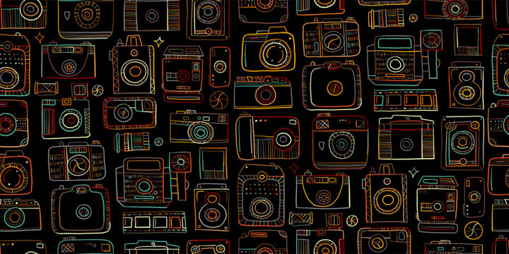 Old fashioned vintage photocamera. Retro and new collection for your design. Seamless pattern background. Vector illustration