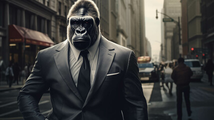 GORILLA WEARING A SUIT IN THE BIG CITY - obrazy, fototapety, plakaty