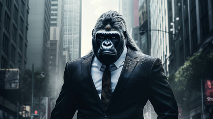GORILLA WEARING A SUIT IN THE BIG CITY - obrazy, fototapety, plakaty