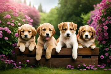 Half breed puppies in the garden