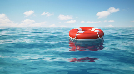 A Red and White Life Preserver Floating on Calm Blue Waters, Ensuring Peaceful Serenity